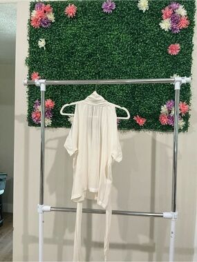 Elegant Cream Cold-Shoulder Blouse with Tie Neck